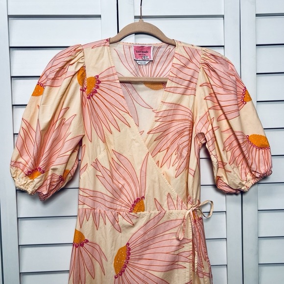 Kate Spade Grand Daisy Floral Puff Sleeve Midi Wrap Dress Size 4 Pink & Orange - Picture 6 of 11